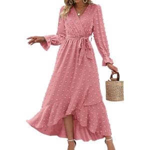imageBTFBM Womens Boho Cocktail Maxi Dress Fall Fashion 2025 V Neck Long Sleeve Swiss Dot Flowy Slit Wedding Guest DressesSwiss Dot Light Pink