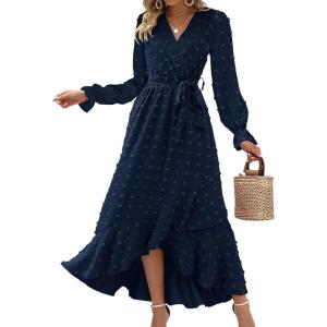 imageBTFBM Womens Boho Cocktail Maxi Dress Fall Fashion 2025 V Neck Long Sleeve Swiss Dot Flowy Slit Wedding Guest DressesSwiss Dot Navy