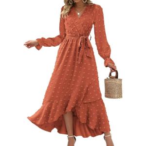 imageBTFBM Womens Boho Cocktail Maxi Dress Fall Fashion 2025 V Neck Long Sleeve Swiss Dot Flowy Slit Wedding Guest DressesSwiss Dot Orange