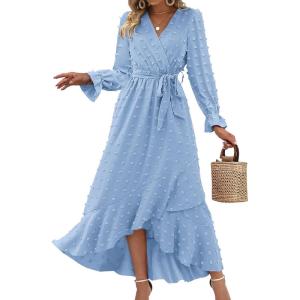 imageBTFBM Womens Boho Cocktail Maxi Dress Fall Fashion 2025 V Neck Long Sleeve Swiss Dot Flowy Slit Wedding Guest DressesSwiss Dot Sky Blue