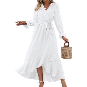 imageBTFBM Womens Boho Cocktail Maxi Dress Fall Fashion 2025 V Neck Long Sleeve Swiss Dot Flowy Slit Wedding Guest DressesSwiss Dot White