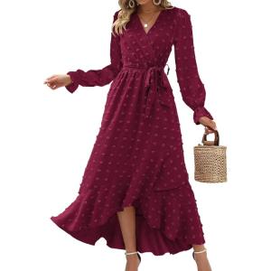 imageBTFBM Womens Boho Cocktail Maxi Dress Fall Fashion 2025 V Neck Long Sleeve Swiss Dot Flowy Slit Wedding Guest DressesSwiss Dot Wine Red