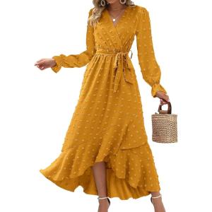 imageBTFBM Womens Boho Cocktail Maxi Dress Fall Fashion 2025 V Neck Long Sleeve Swiss Dot Flowy Slit Wedding Guest DressesSwiss Dot Yellow