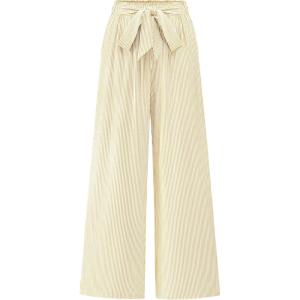 imageBTFBM Womens Striped Wide Leg Pants Dressy High Waist Trousers Business Casual Loose Flowy Tie Knot Palazzo PantsApricot