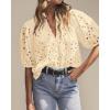 imageBTFBM Womens Casual Summer Blouse 2025 Hollow Out Eyelet Embroidery Tops V Neck Buttons Puff Short Sleeve Boho ShirtsBeige
