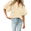 imageBTFBM Womens Casual Summer Blouse 2025 Hollow Out Eyelet Embroidery Tops V Neck Buttons Puff Short Sleeve Boho ShirtsBeige