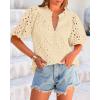 imageBTFBM Womens Casual Summer Blouse 2025 Hollow Out Eyelet Embroidery Tops V Neck Buttons Puff Short Sleeve Boho ShirtsBeige