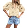 imageBTFBM Womens Casual Summer Blouse 2025 Hollow Out Eyelet Embroidery Tops V Neck Buttons Puff Short Sleeve Boho ShirtsBeige