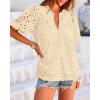 imageBTFBM Womens Casual Summer Blouse 2025 Hollow Out Eyelet Embroidery Tops V Neck Buttons Puff Short Sleeve Boho ShirtsBeige