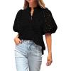 imageBTFBM Womens Casual Summer Blouse 2025 Hollow Out Eyelet Embroidery Tops V Neck Buttons Puff Short Sleeve Boho ShirtsBlack
