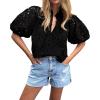 imageBTFBM Womens Casual Summer Blouse 2025 Hollow Out Eyelet Embroidery Tops V Neck Buttons Puff Short Sleeve Boho ShirtsBlack