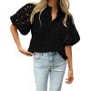 imageBTFBM Womens Casual Summer Blouse 2025 Hollow Out Eyelet Embroidery Tops V Neck Buttons Puff Short Sleeve Boho ShirtsBlack