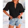 imageBTFBM Womens Casual Summer Blouse 2025 Hollow Out Eyelet Embroidery Tops V Neck Buttons Puff Short Sleeve Boho ShirtsBlack