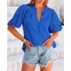 imageBTFBM Womens Casual Summer Blouse 2025 Hollow Out Eyelet Embroidery Tops V Neck Buttons Puff Short Sleeve Boho ShirtsBlue