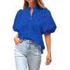imageBTFBM Womens Casual Summer Blouse 2025 Hollow Out Eyelet Embroidery Tops V Neck Buttons Puff Short Sleeve Boho ShirtsBlue