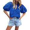 imageBTFBM Womens Casual Summer Blouse 2025 Hollow Out Eyelet Embroidery Tops V Neck Buttons Puff Short Sleeve Boho ShirtsBlue