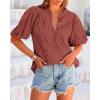 imageBTFBM Womens Casual Summer Blouse 2025 Hollow Out Eyelet Embroidery Tops V Neck Buttons Puff Short Sleeve Boho ShirtsBrown Red