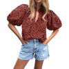 imageBTFBM Womens Casual Summer Blouse 2025 Hollow Out Eyelet Embroidery Tops V Neck Buttons Puff Short Sleeve Boho ShirtsBrown Red