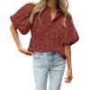 imageBTFBM Womens Casual Summer Blouse 2025 Hollow Out Eyelet Embroidery Tops V Neck Buttons Puff Short Sleeve Boho ShirtsBrown Red