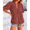 imageBTFBM Womens Casual Summer Blouse 2025 Hollow Out Eyelet Embroidery Tops V Neck Buttons Puff Short Sleeve Boho ShirtsBrown Red