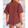 imageBTFBM Womens Casual Summer Blouse 2025 Hollow Out Eyelet Embroidery Tops V Neck Buttons Puff Short Sleeve Boho ShirtsBrown Red