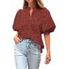 imageBTFBM Womens Casual Summer Blouse 2025 Hollow Out Eyelet Embroidery Tops V Neck Buttons Puff Short Sleeve Boho ShirtsBrown Red