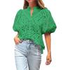 imageBTFBM Womens Casual Summer Blouse 2025 Hollow Out Eyelet Embroidery Tops V Neck Buttons Puff Short Sleeve Boho ShirtsGreen