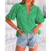 imageBTFBM Womens Casual Summer Blouse 2025 Hollow Out Eyelet Embroidery Tops V Neck Buttons Puff Short Sleeve Boho ShirtsGreen