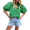 imageBTFBM Womens Casual Summer Blouse 2025 Hollow Out Eyelet Embroidery Tops V Neck Buttons Puff Short Sleeve Boho ShirtsGreen