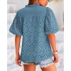 imageBTFBM Womens Casual Summer Blouse 2025 Hollow Out Eyelet Embroidery Tops V Neck Buttons Puff Short Sleeve Boho ShirtsGrey Blue
