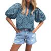 imageBTFBM Womens Casual Summer Blouse 2025 Hollow Out Eyelet Embroidery Tops V Neck Buttons Puff Short Sleeve Boho ShirtsGrey Blue