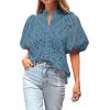 imageBTFBM Womens Casual Summer Blouse 2025 Hollow Out Eyelet Embroidery Tops V Neck Buttons Puff Short Sleeve Boho ShirtsGrey Blue
