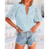 imageBTFBM Womens Casual Summer Blouse 2025 Hollow Out Eyelet Embroidery Tops V Neck Buttons Puff Short Sleeve Boho ShirtsLight Blue
