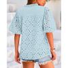 imageBTFBM Womens Casual Summer Blouse 2025 Hollow Out Eyelet Embroidery Tops V Neck Buttons Puff Short Sleeve Boho ShirtsLight Blue