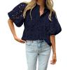 imageBTFBM Womens Casual Summer Blouse 2025 Hollow Out Eyelet Embroidery Tops V Neck Buttons Puff Short Sleeve Boho ShirtsNavy