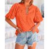 imageBTFBM Womens Casual Summer Blouse 2025 Hollow Out Eyelet Embroidery Tops V Neck Buttons Puff Short Sleeve Boho ShirtsOrange