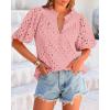 imageBTFBM Womens Casual Summer Blouse 2025 Hollow Out Eyelet Embroidery Tops V Neck Buttons Puff Short Sleeve Boho ShirtsPink