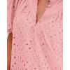 imageBTFBM Womens Casual Summer Blouse 2025 Hollow Out Eyelet Embroidery Tops V Neck Buttons Puff Short Sleeve Boho ShirtsPink