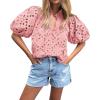 imageBTFBM Womens Casual Summer Blouse 2025 Hollow Out Eyelet Embroidery Tops V Neck Buttons Puff Short Sleeve Boho ShirtsPink