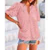 imageBTFBM Womens Casual Summer Blouse 2025 Hollow Out Eyelet Embroidery Tops V Neck Buttons Puff Short Sleeve Boho ShirtsPink