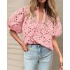 imageBTFBM Womens Casual Summer Blouse 2025 Hollow Out Eyelet Embroidery Tops V Neck Buttons Puff Short Sleeve Boho ShirtsPink