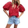 imageBTFBM Womens Casual Summer Blouse 2025 Hollow Out Eyelet Embroidery Tops V Neck Buttons Puff Short Sleeve Boho ShirtsRed