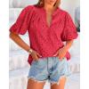 imageBTFBM Womens Casual Summer Blouse 2025 Hollow Out Eyelet Embroidery Tops V Neck Buttons Puff Short Sleeve Boho ShirtsRed