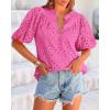 imageBTFBM Womens Casual Summer Blouse 2025 Hollow Out Eyelet Embroidery Tops V Neck Buttons Puff Short Sleeve Boho ShirtsRose Pink