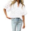 imageBTFBM Womens Casual Summer Blouse 2025 Hollow Out Eyelet Embroidery Tops V Neck Buttons Puff Short Sleeve Boho ShirtsWhite