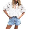 imageBTFBM Womens Casual Summer Blouse 2025 Hollow Out Eyelet Embroidery Tops V Neck Buttons Puff Short Sleeve Boho ShirtsWhite