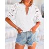 imageBTFBM Womens Casual Summer Blouse 2025 Hollow Out Eyelet Embroidery Tops V Neck Buttons Puff Short Sleeve Boho ShirtsWhite