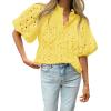 imageBTFBM Womens Casual Summer Blouse 2025 Hollow Out Eyelet Embroidery Tops V Neck Buttons Puff Short Sleeve Boho ShirtsYellow