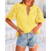 imageBTFBM Womens Casual Summer Blouse 2025 Hollow Out Eyelet Embroidery Tops V Neck Buttons Puff Short Sleeve Boho ShirtsYellow