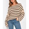 imageBTFBM Womens Striped Knit Sweaters 2025 Spring Fall Boat Neck Off Shoulder Long Sleeve Oversized Casual Pullover TopsStriped Apricot Black